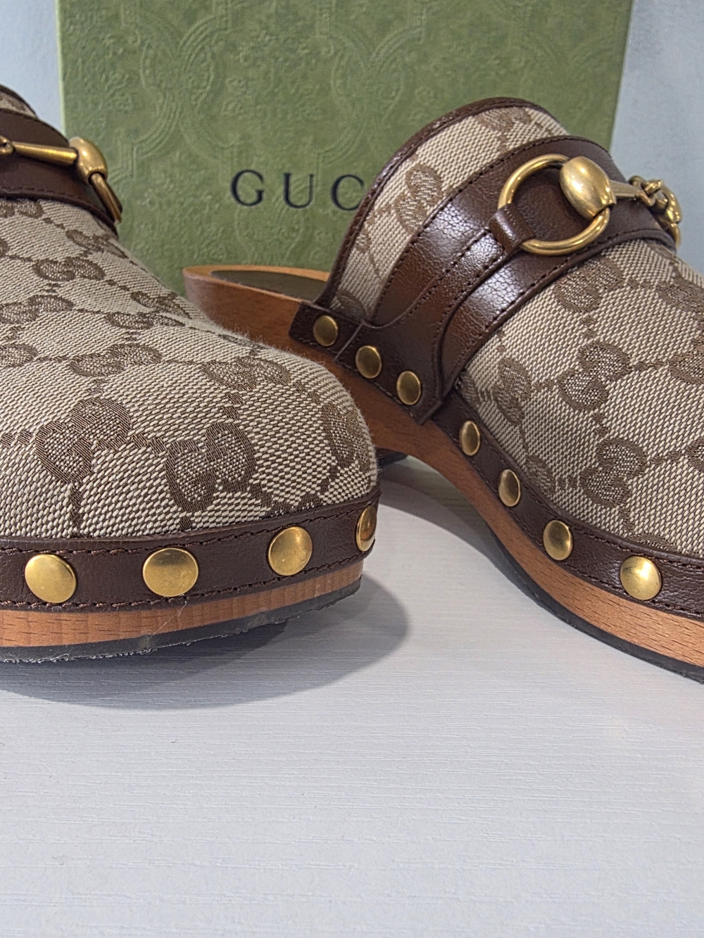Gucci Beige & Brown GG Canvas Studded Clog - Picture 12 of 16